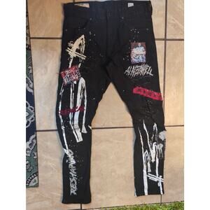 Smoke Rise Men’s Black Graphic Distressed Jeans Size 32x32 Streetwear Paint
